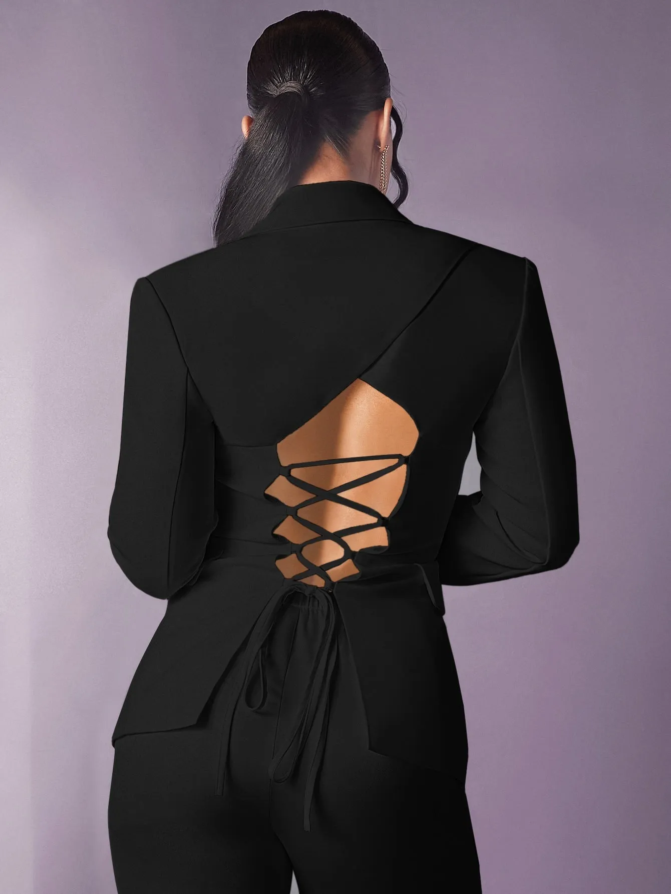 BAE Solid Lace Up Backless Single Button Blazer