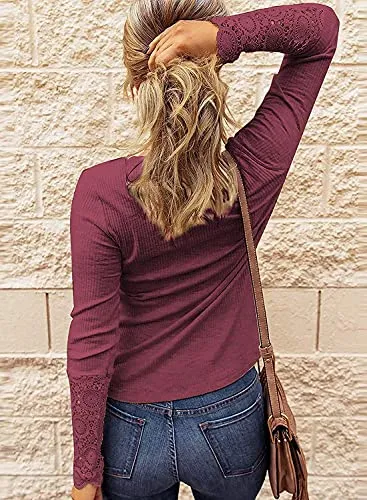 BTFBM Women Long Sleeve V Neck Button Up Solid Tops Blouses Trendy Slim Fit Lace Sleeves Ribbed Knit Casual Shirts Tunic (Lace Wine Red, Medium)
