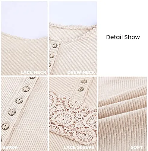 BTFBM Women Long Sleeve V Neck Button Up Solid Tops Blouses Trendy Slim Fit Lace Sleeves Ribbed Knit Casual Shirts Tunic (Lace Wine Red, Medium)