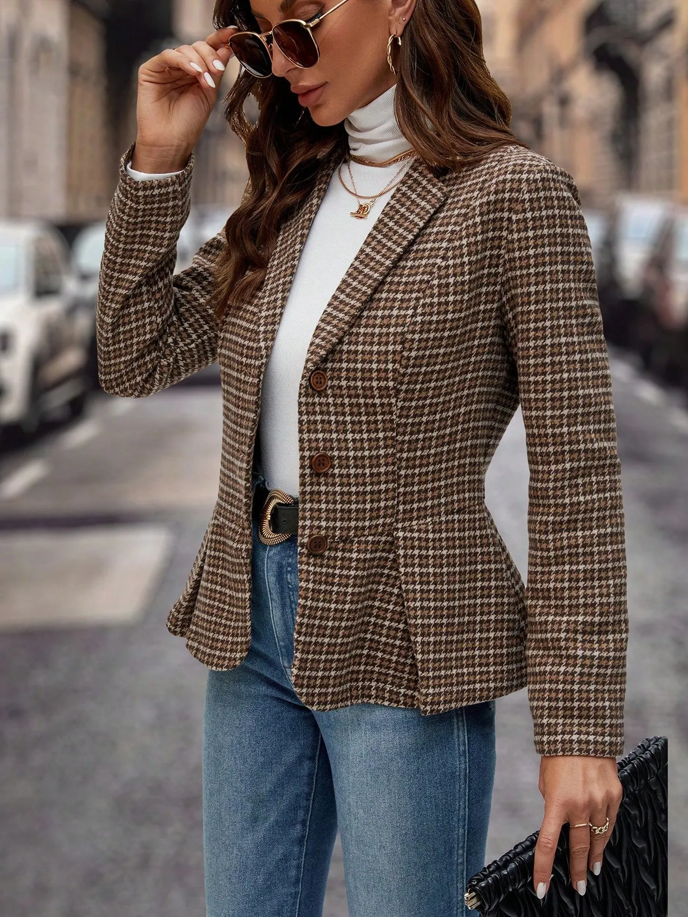Clasi Plaid Print Lapel Neck Fold Pleated Detail Blazer