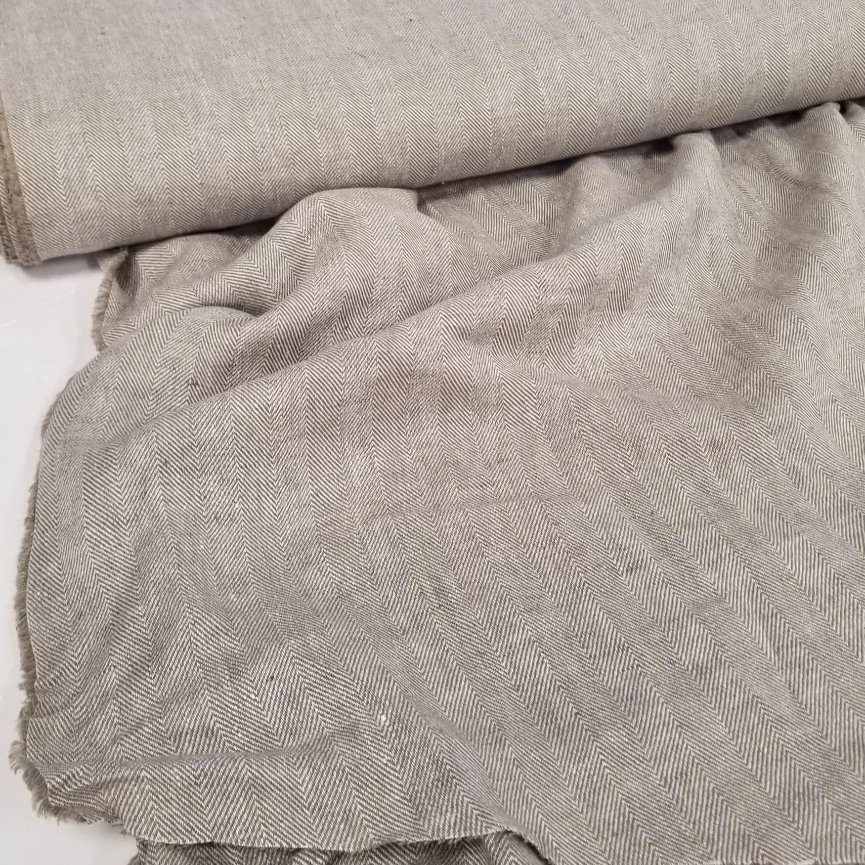 End of Bolt: 1-5/8th  yards of Irish Linen Khaki Taupe Herringbone Bottomweight Spence Bryson Woven 300 GSM- remnant