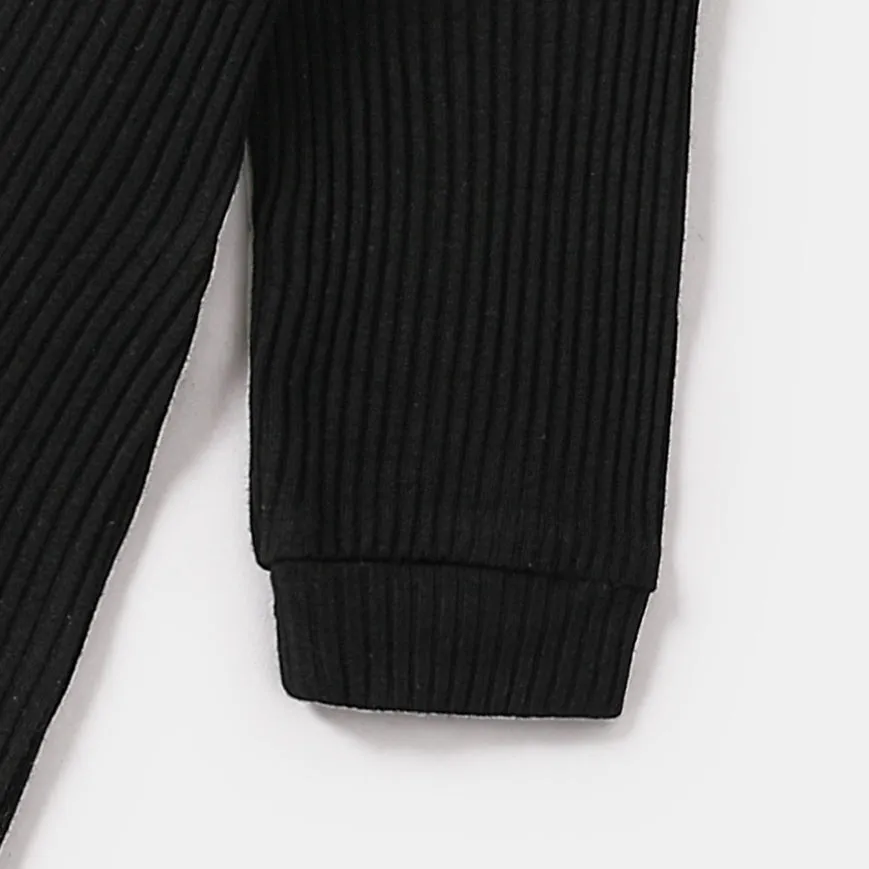 Family Matching Long-sleeve Button Front Solid Spliced Dresses and Colorblock Rib Knit Tops Sets
