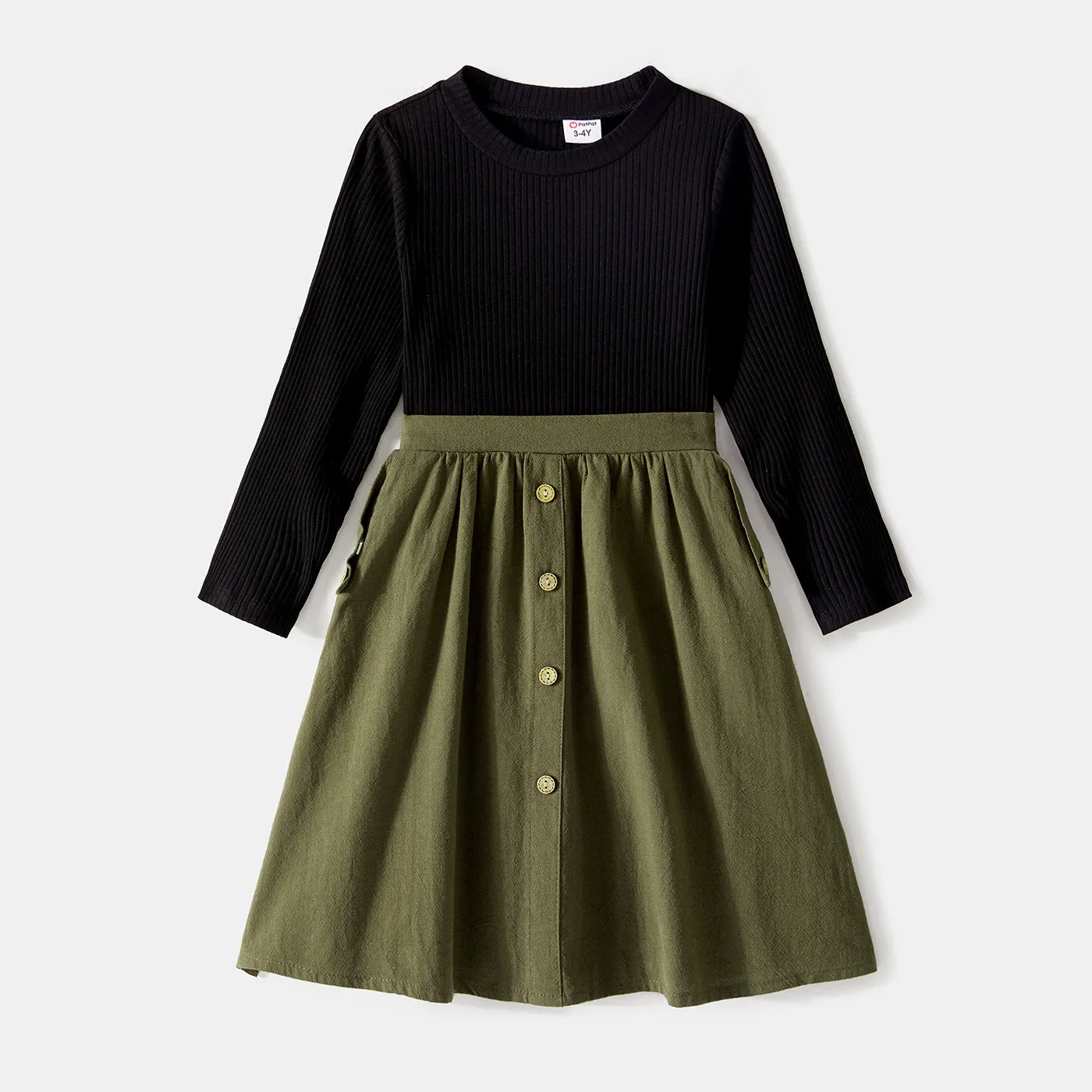 Family Matching Long-sleeve Button Front Solid Spliced Dresses and Colorblock Rib Knit Tops Sets