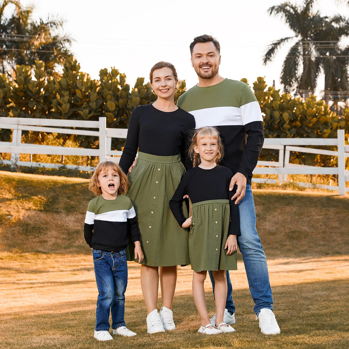 Family Matching Long-sleeve Button Front Solid Spliced Dresses and Colorblock Rib Knit Tops Sets