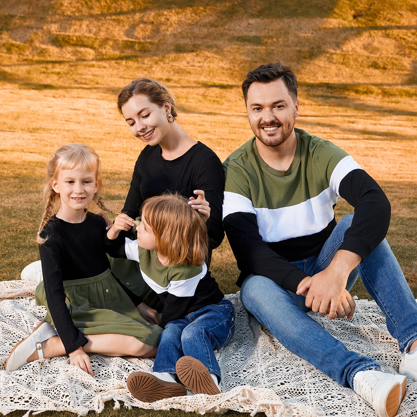 Family Matching Long-sleeve Button Front Solid Spliced Dresses and Colorblock Rib Knit Tops Sets