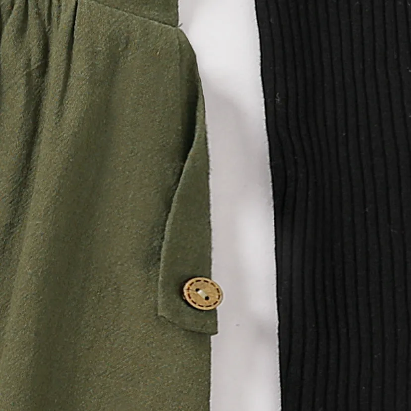Family Matching Long-sleeve Button Front Solid Spliced Dresses and Colorblock Rib Knit Tops Sets