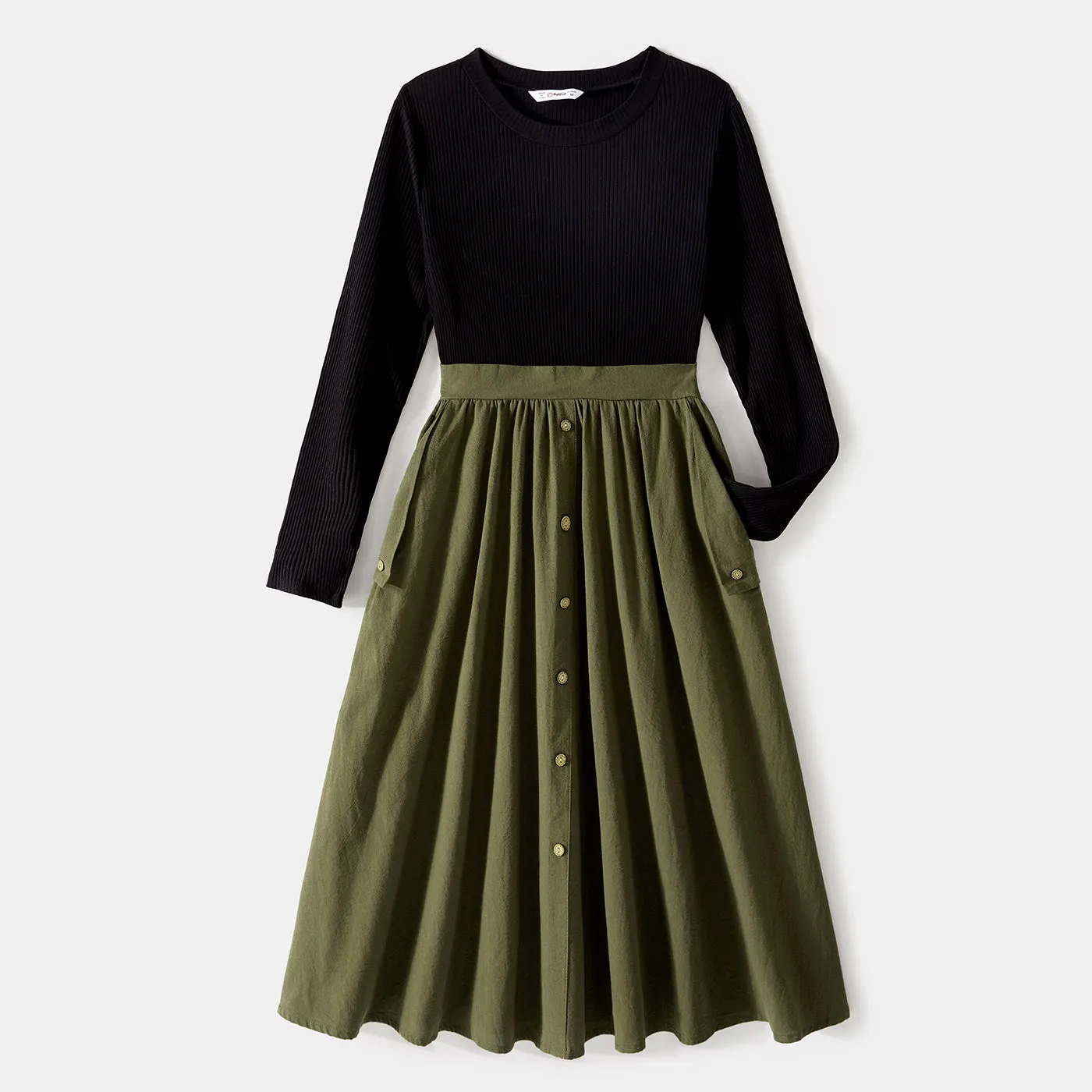 Family Matching Long-sleeve Button Front Solid Spliced Dresses and Colorblock Rib Knit Tops Sets