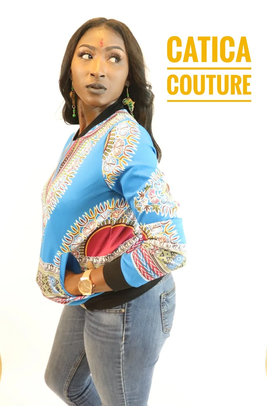 London Dashiki Bomber Jacket Light Blue | CATICA Couture