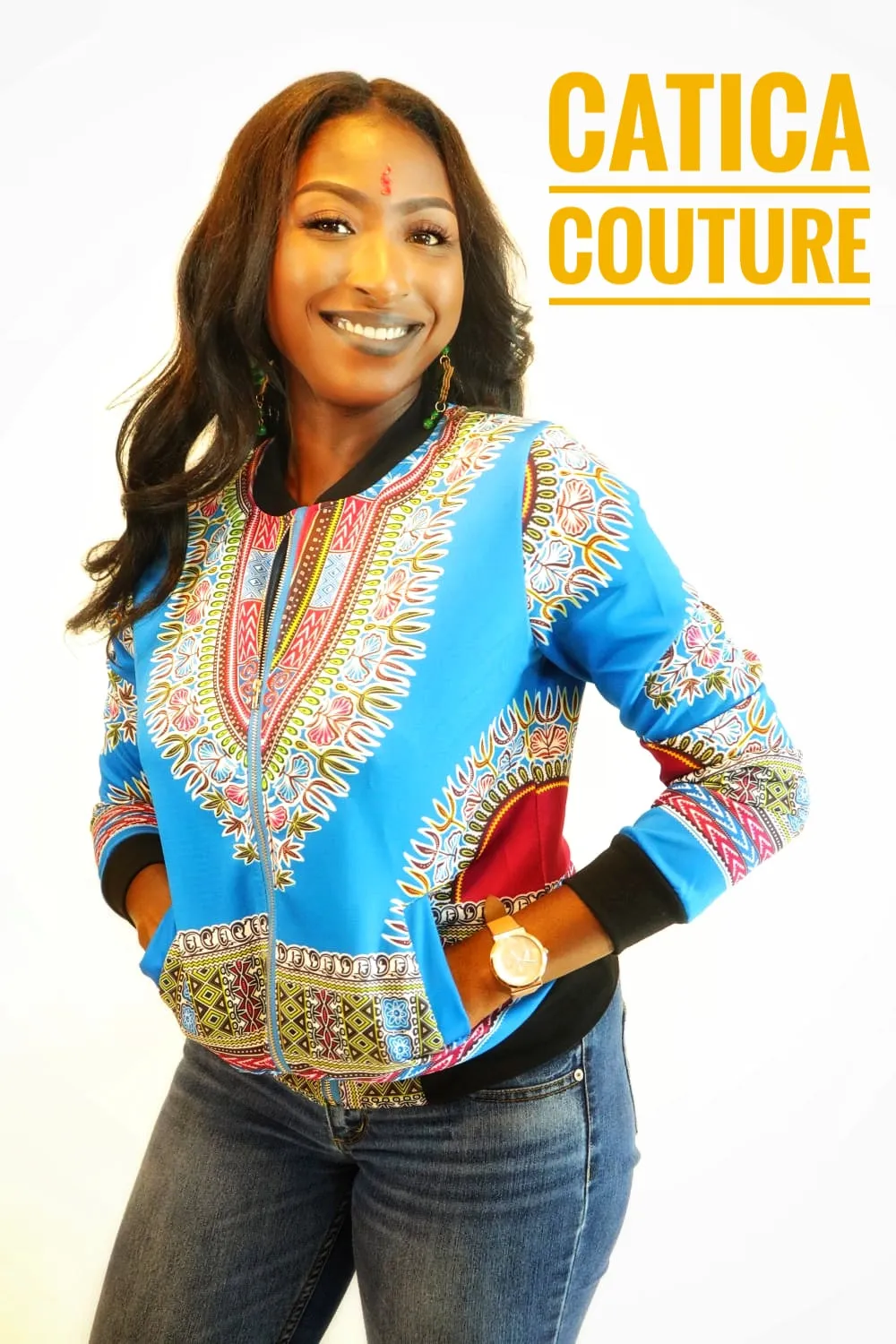 London Dashiki Bomber Jacket Light Blue | CATICA Couture
