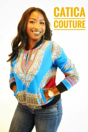 London Dashiki Bomber Jacket Light Blue | CATICA Couture