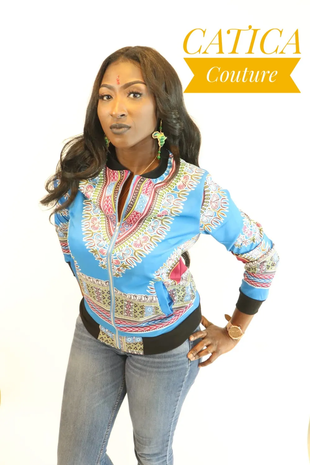 London Dashiki Bomber Jacket Light Blue | CATICA Couture