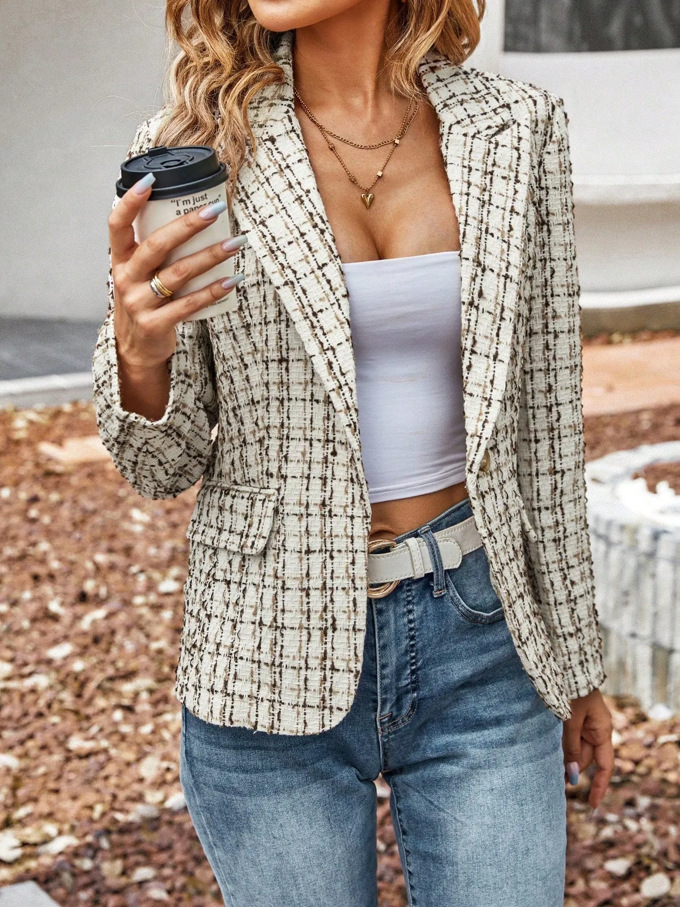 LUNE Plaid Pattern Single Button Tweed Blazer