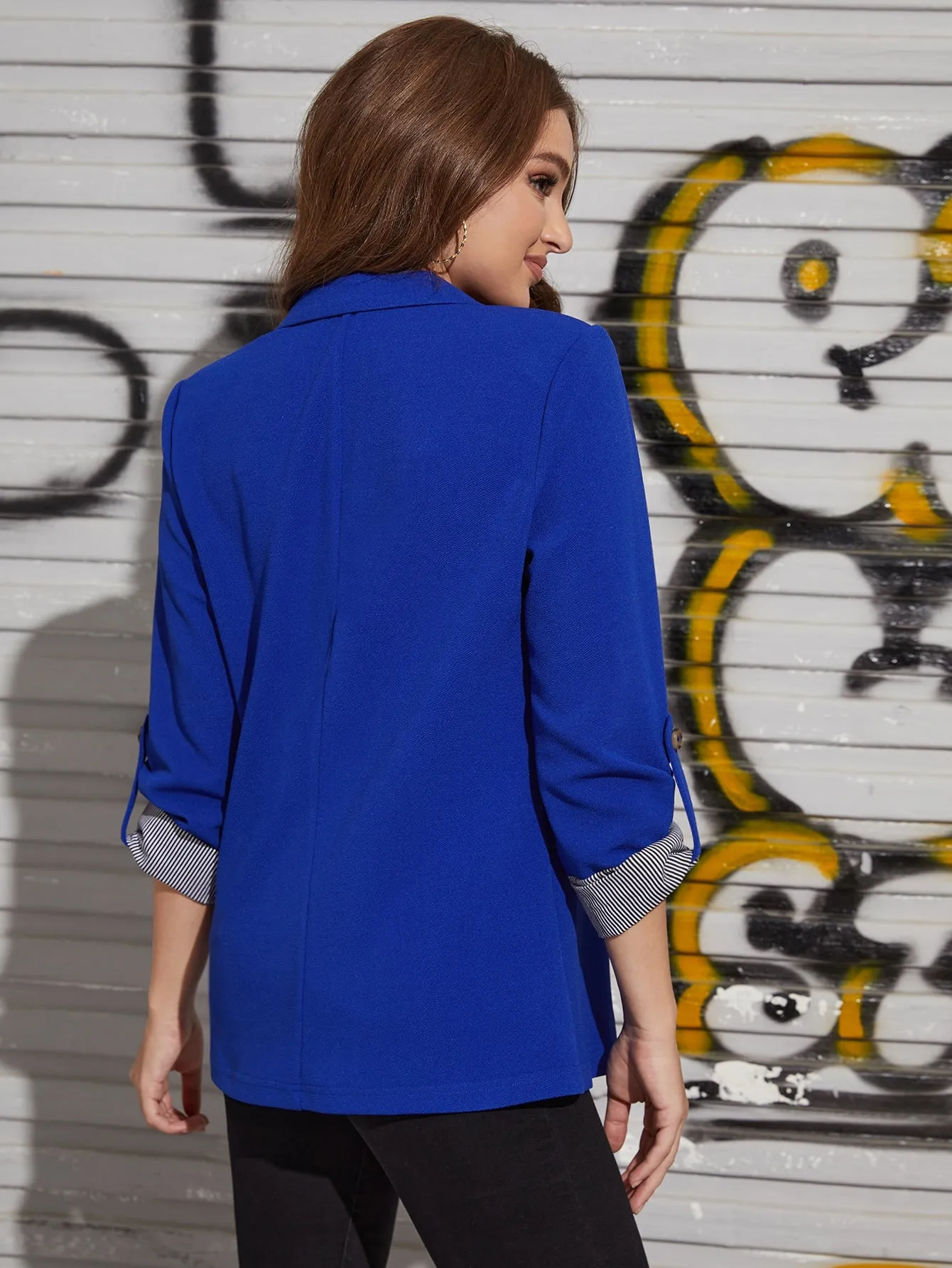 Notch Collar Roll Tab Sleeve Blazer