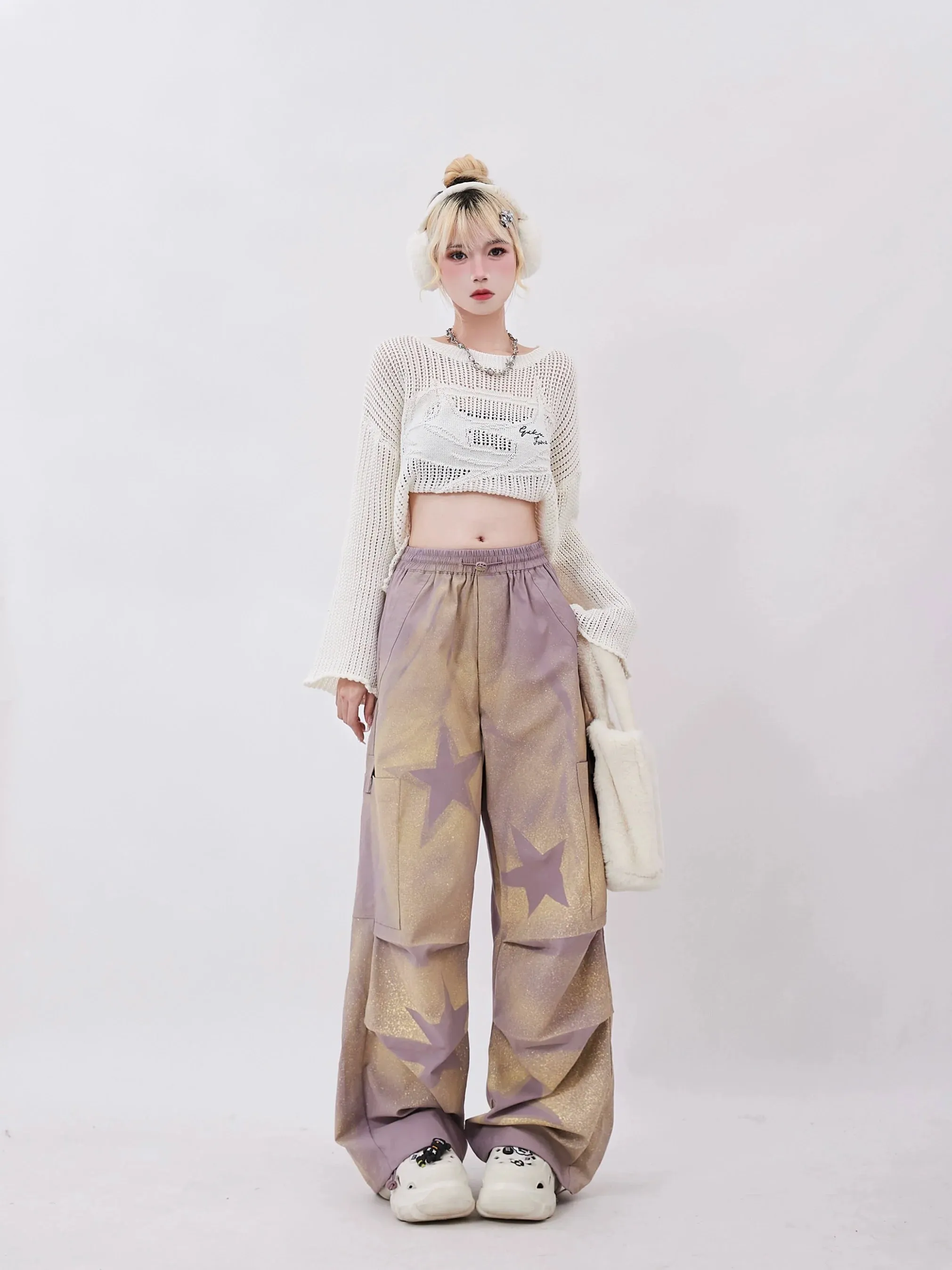 Pants Purple Wide Star Sheer
