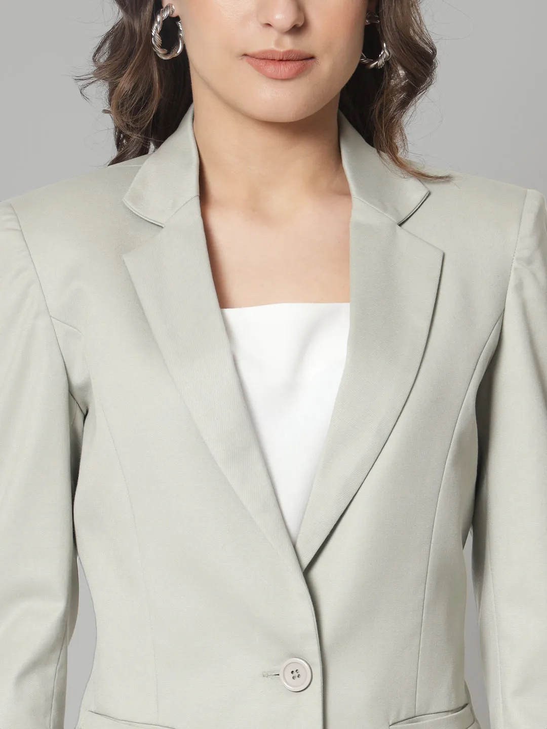 Sage Green Polyester Notch Collar Blazer