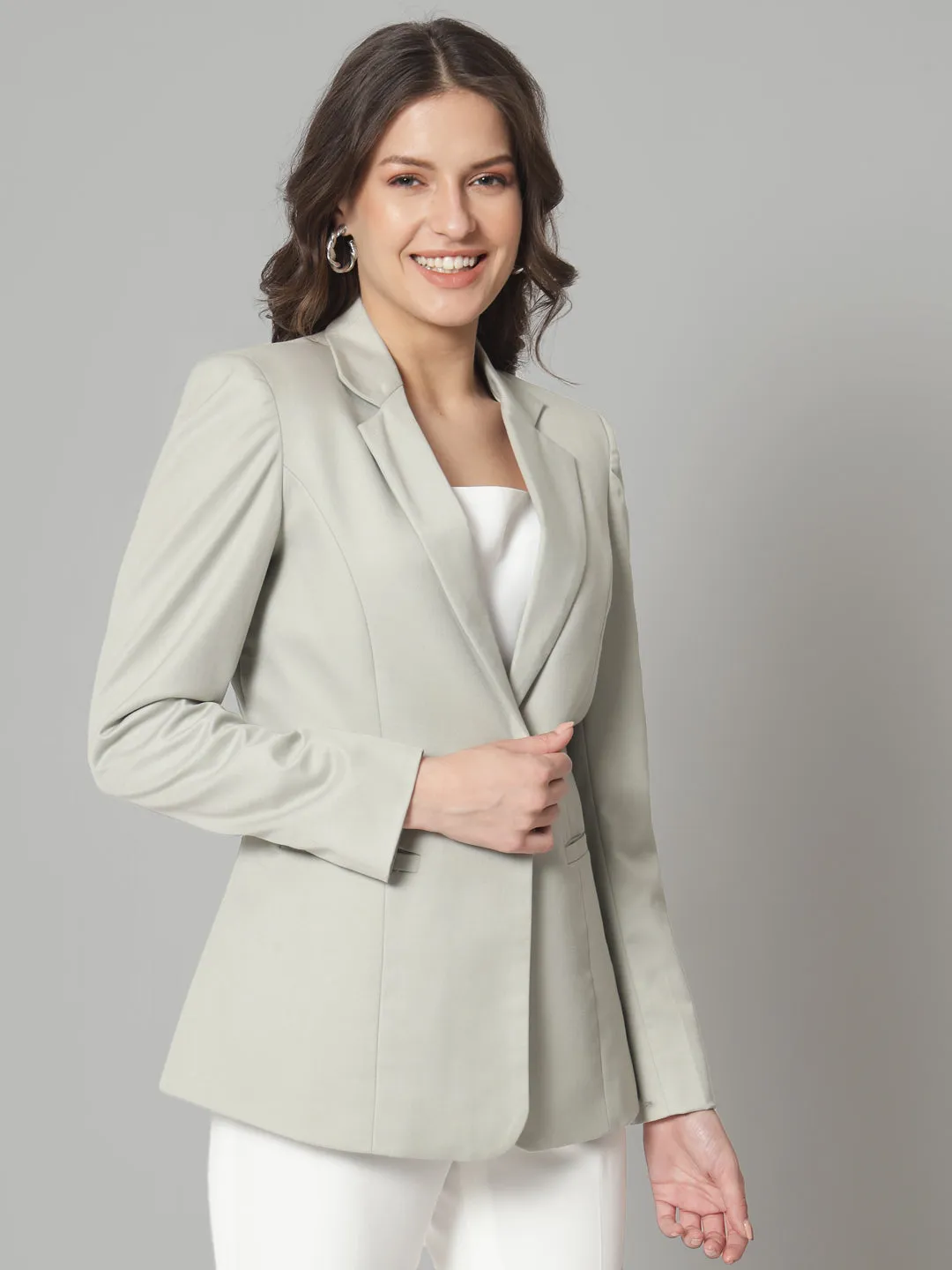 Sage Green Polyester Notch Collar Blazer