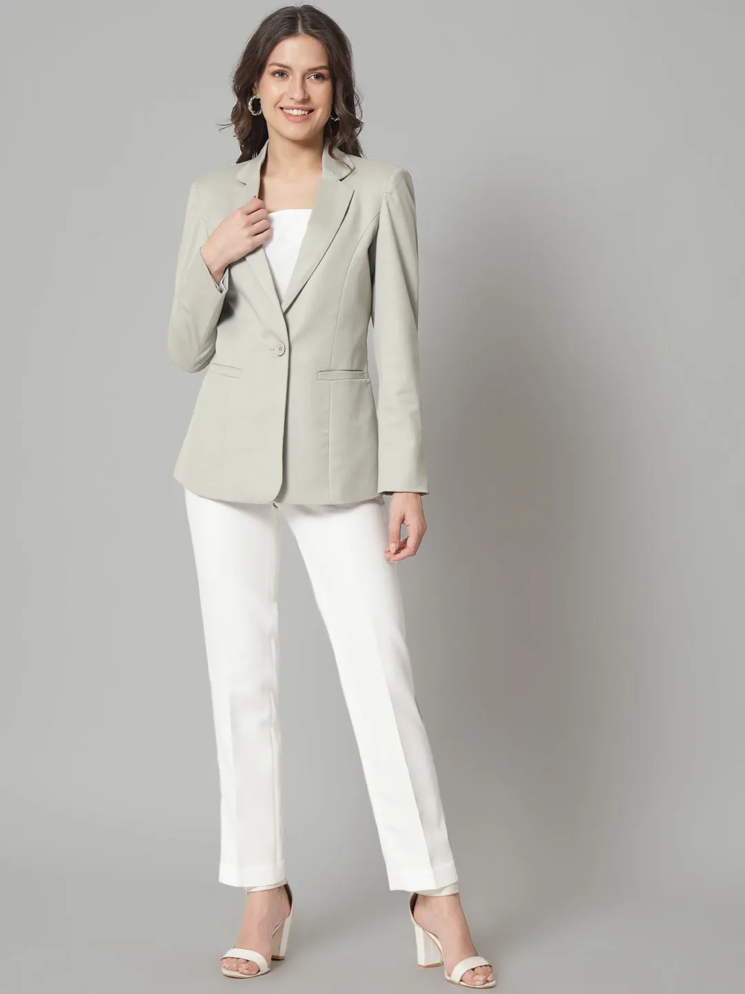 Sage Green Polyester Notch Collar Blazer