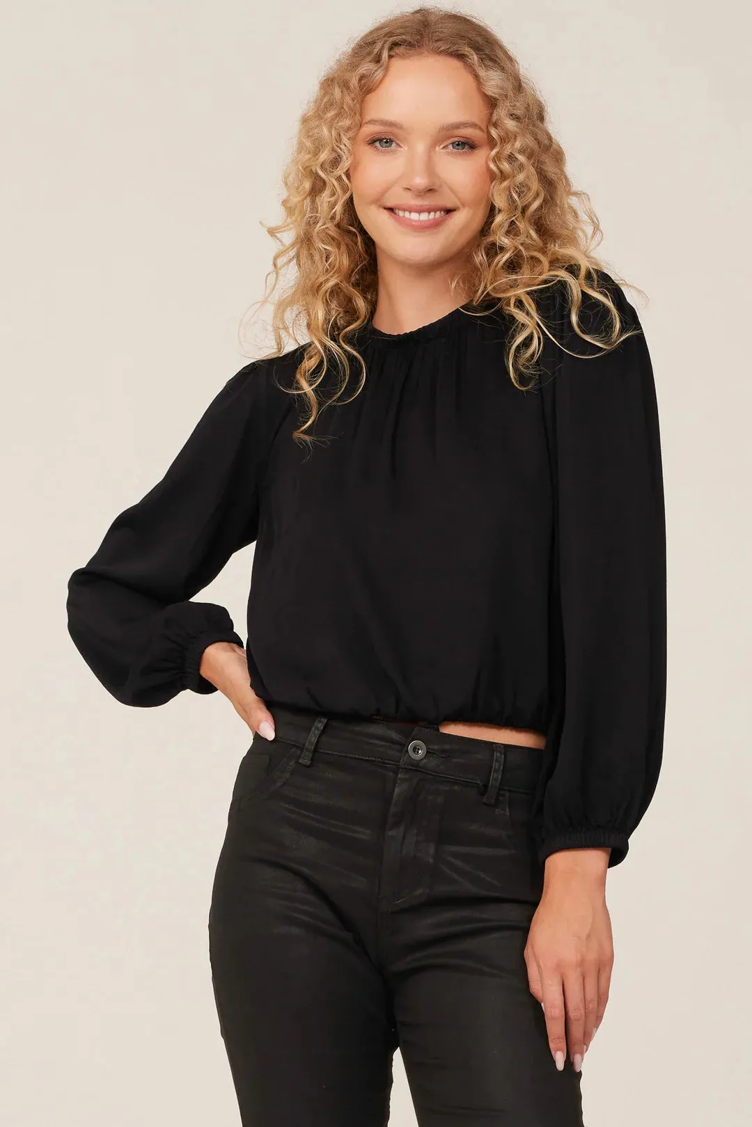 Shirred Houndstooth Raglan Tie Front Blouse-Black