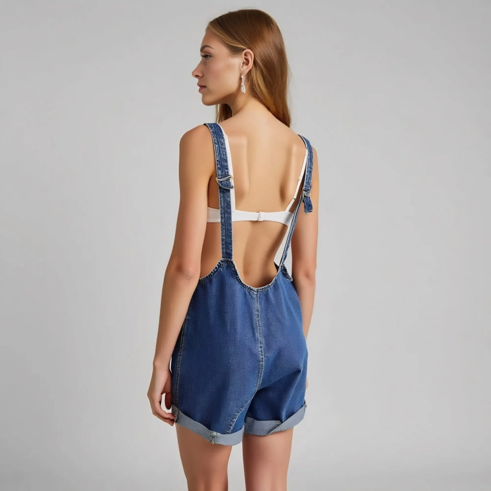 Sleeveless Denim Overalls with Deep V Neckline and Rolled Hem