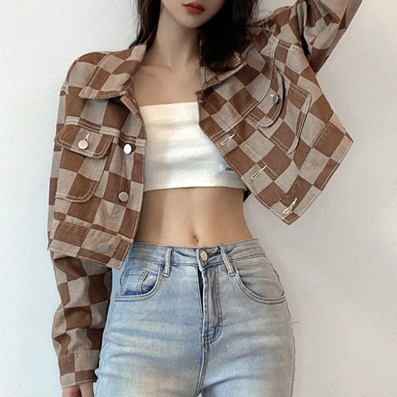 Vintage Checked Pattern Short Denim Coat