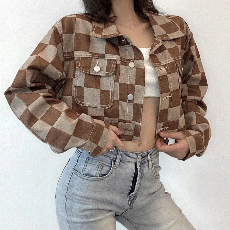 Vintage Checked Pattern Short Denim Coat