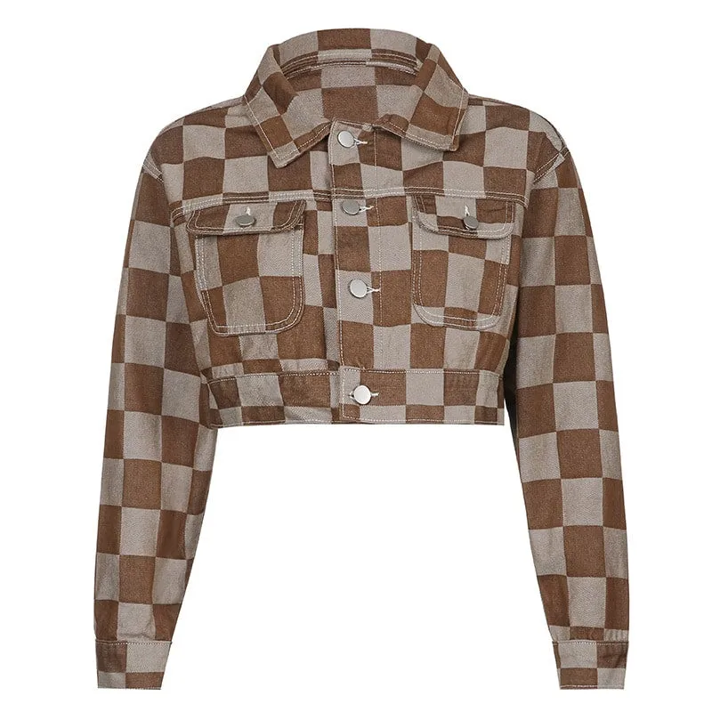 Vintage Checked Pattern Short Denim Coat