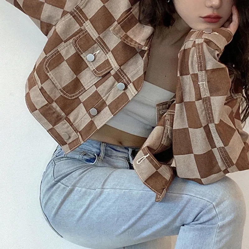 Vintage Checked Pattern Short Denim Coat